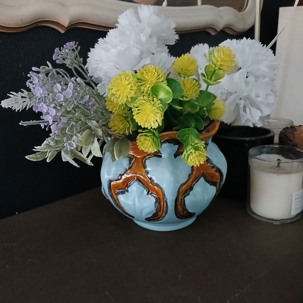 Artisan Ceramic Vase with Floral Arrangement - Blue and Brown